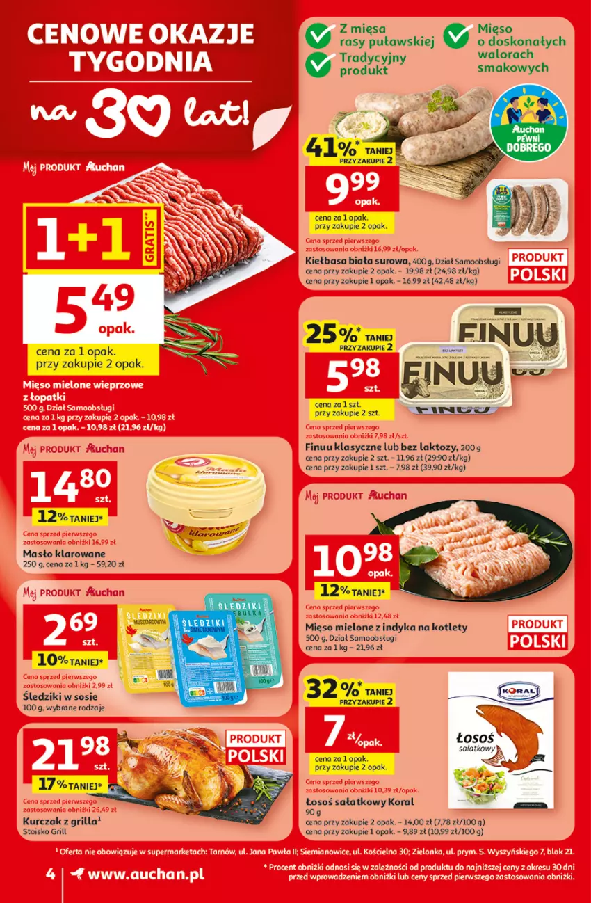 Gazetka promocyjna Auchan - 30 Lat Supermarket - ważna 29.01 do 04.02.2026 - strona 4 - produkty: Finuu, Grill, Kiełbasa, Kiełbasa biała, Kotlet, Kurczak, Mięso, Mięso mielone, Sałat, Sos