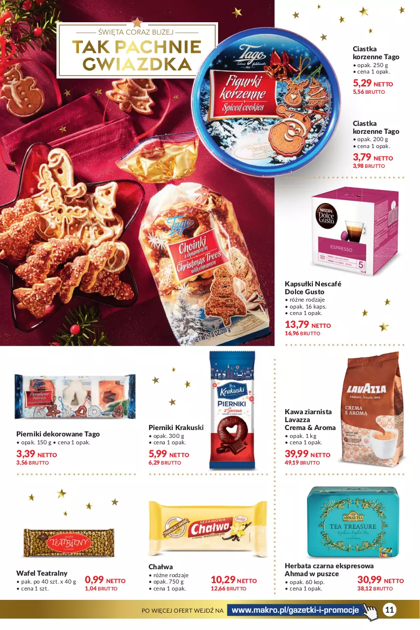 Gazetka promocyjna Makro - [Oferta specjalna] Delikatesy - ważna 14.12 do 26.12.2021 - strona 11 - produkty: Chałwa, Ciastka, Dolce Gusto, Herbata, Herbata czarna, Kawa, Kawa ziarnista, Krakus, Krakuski, Lavazza, Nescafé, Piernik, Tago