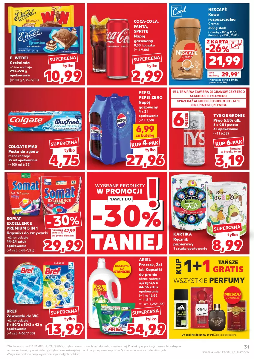 Gazetka promocyjna Kaufland - Gazetka tygodnia - ważna 13.02 do 19.02.2025 - strona 31 - produkty: Ariel, Bref, Coca-Cola, Colgate, Czekolada, E. Wedel, Fa, Fanta, Gra, Kapsułki do prania, Kawa, Kawa rozpuszczalna, LG, Napój, Napój gazowany, Nescafé, Papier, Pasta do zębów, Pepsi, Perfum, Piwa, Piwo, Ręcznik, Somat, Sprite, Tyskie, Waga, Zawieszki, Zmywarki