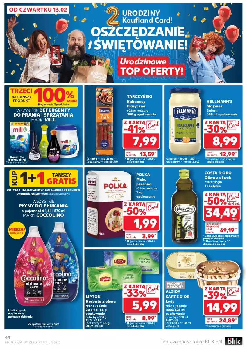 Gazetka promocyjna Kaufland - Gazetka tygodnia - ważna 13.02 do 19.02.2025 - strona 44 - produkty: Algida, Babuni, Coccolino, Gin, Gra, Hellmann’s, Herbata, Kabanos, LG, Lipton, Lody, Majonez, Mąka, Mąka pszenna, Oliwa, Oliwa z oliwek, Tarczyński, Tera, Top, Waga