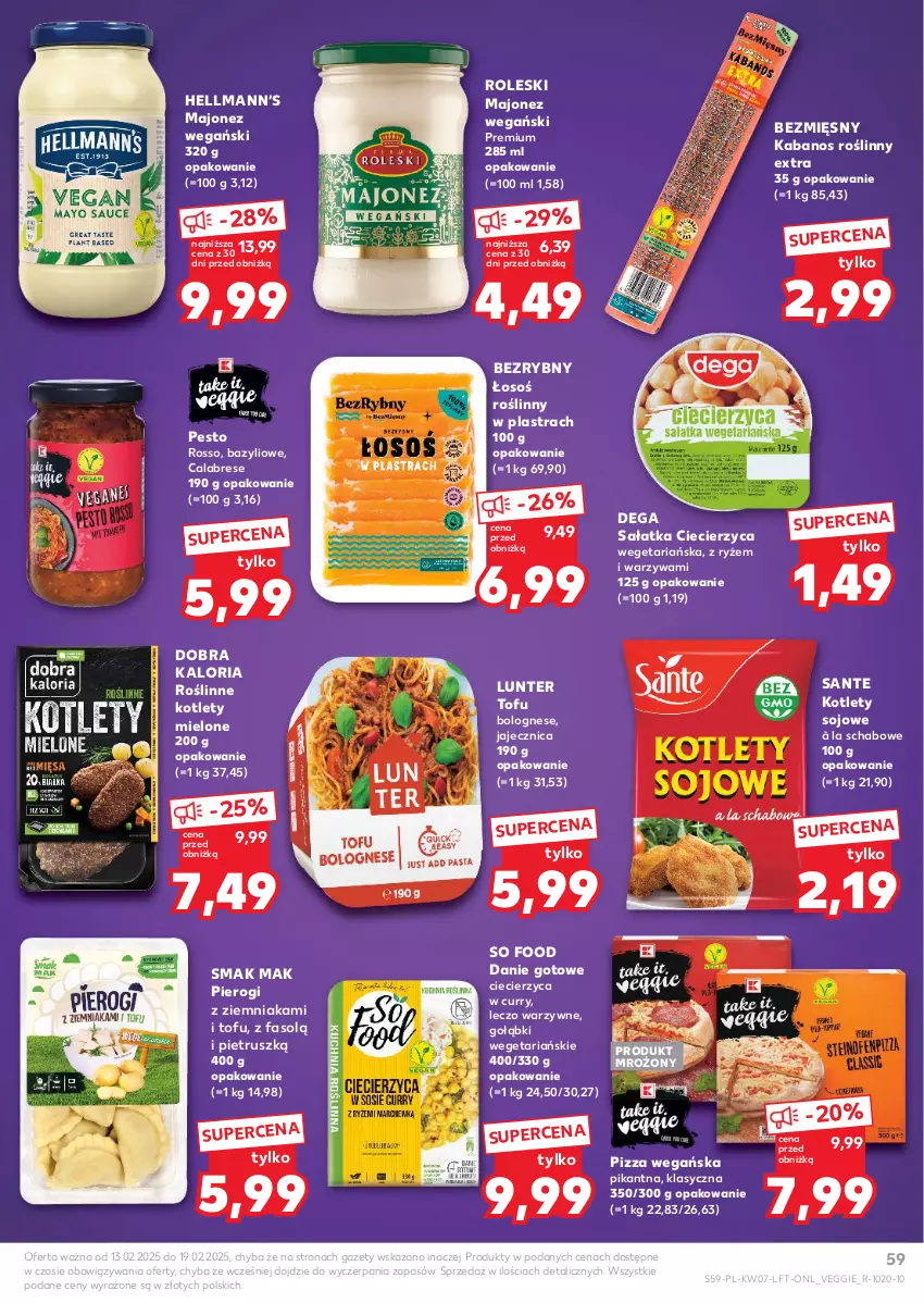 Gazetka promocyjna Kaufland - Gazetka tygodnia - ważna 13.02 do 19.02.2025 - strona 59 - produkty: Bazyl, Danie gotowe, Dega, Fa, Hellmann’s, Kabanos, Kotlet, Majonez, Pesto, Pierogi, Pizza, Ryż, Sałat, Sałatka, Sante, So Food, Tofu, Warzywa