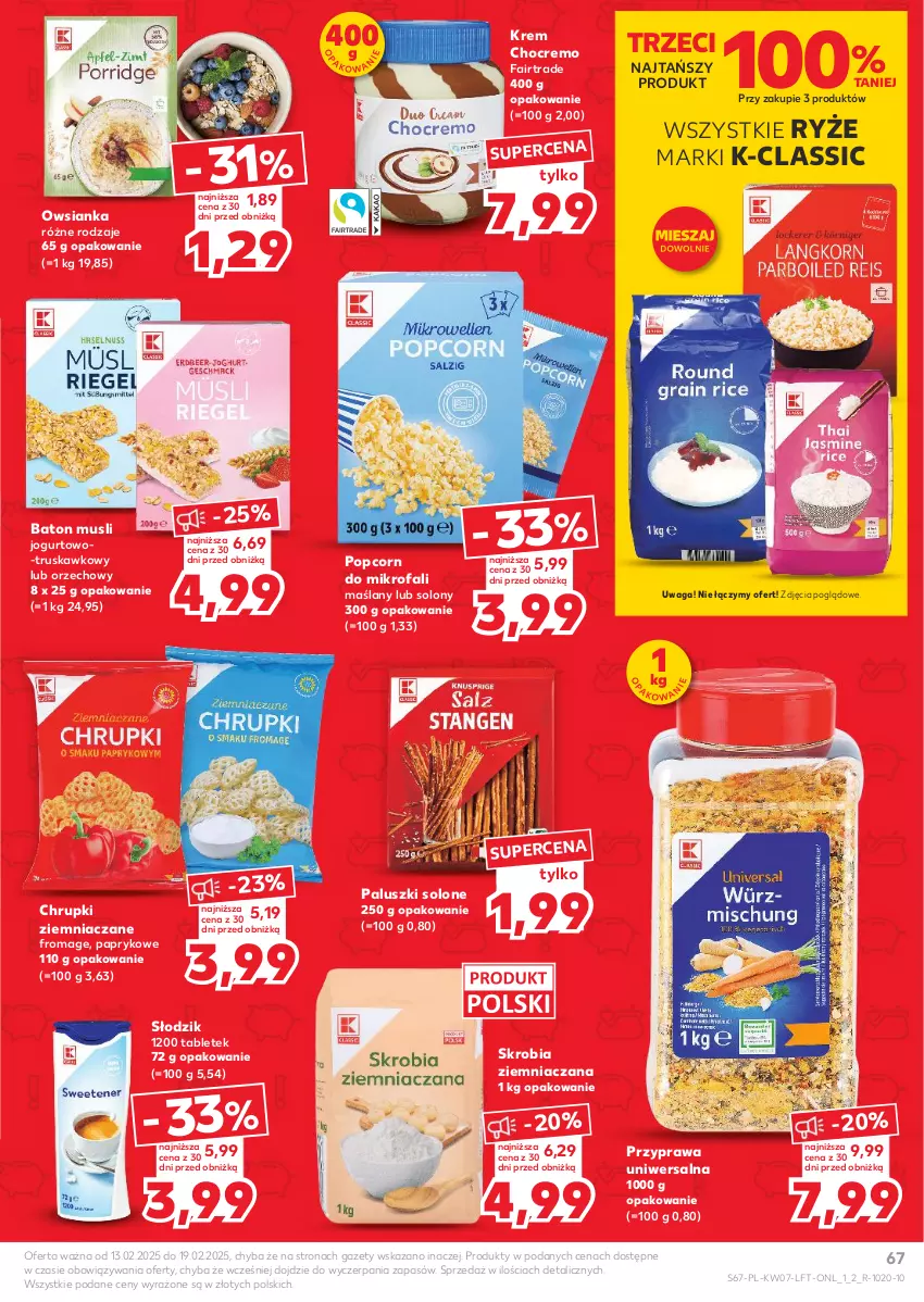 Gazetka promocyjna Kaufland - Gazetka tygodnia - ważna 13.02 do 19.02.2025 - strona 67 - produkty: Baton, Chrupki, Fa, Jogurt, Mus, Owsianka, Popcorn, Przyprawa uniwersalna, Ryż, Skrobia ziemniaczana, Tablet, Waga