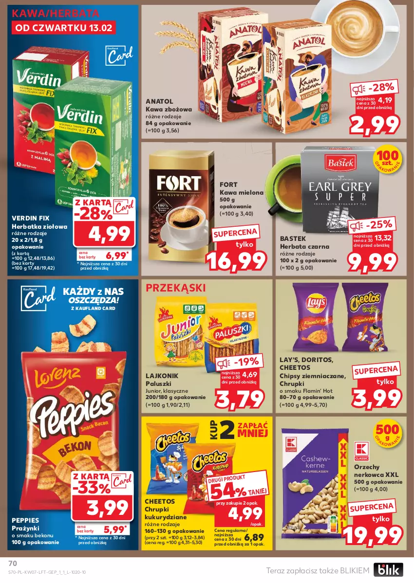 Gazetka promocyjna Kaufland - Gazetka tygodnia - ważna 13.02 do 19.02.2025 - strona 70 - produkty: Beko, Cheetos, Chipsy, Chrupki, Herbata, Herbata czarna, Kawa, Kawa mielona, Kawa zbożowa, Lajkonik, Lay’s, Stek, Tera