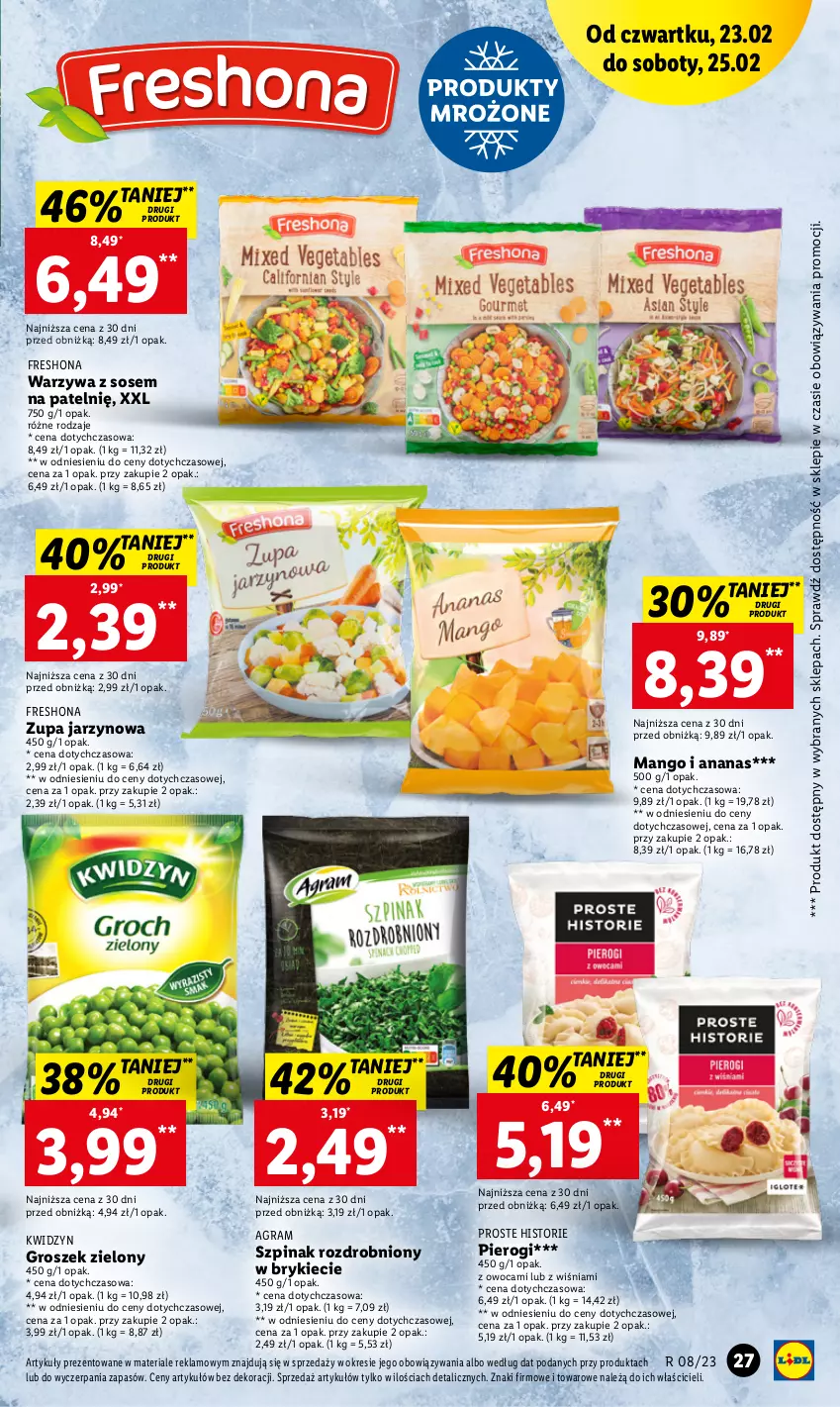 Gazetka promocyjna Lidl - GAZETKA - ważna 23.02 do 25.02.2023 - strona 27 - produkty: Ananas, Gra, Groszek, Mango, Pierogi, Sos, Szpinak, Warzywa, Zupa