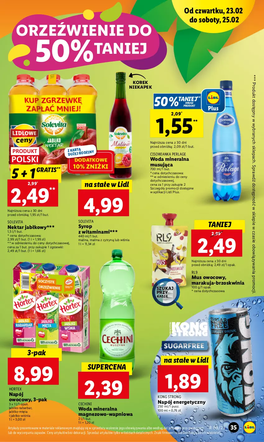 Gazetka promocyjna Lidl - GAZETKA - ważna 23.02 do 25.02.2023 - strona 35 - produkty: Cisowianka, Gra, Hortex, Magnez, Mięta, Mus, Napój, Napój energetyczny, Nektar, Syrop, Woda, Woda mineralna