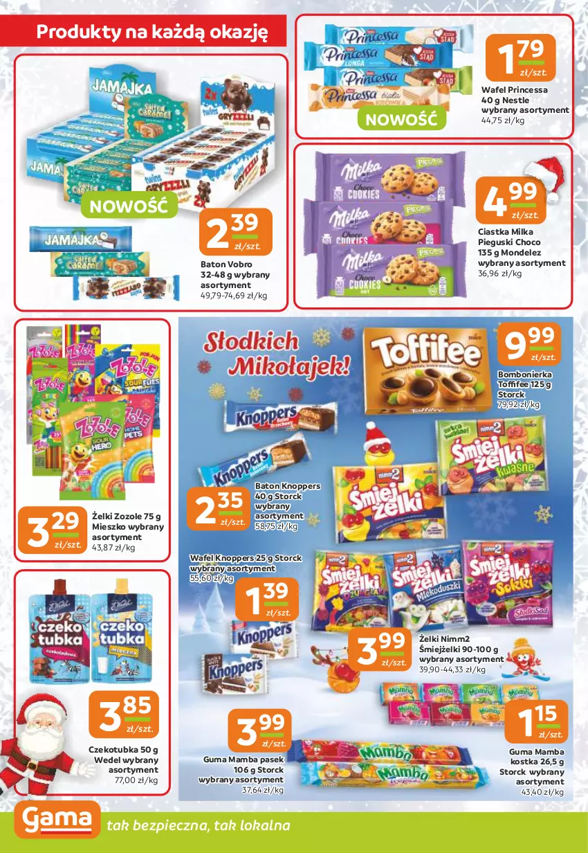 Gazetka promocyjna Gama - Gazetka Gama - ważna 28.11 do 10.12.2024 - strona 4 - produkty: Baton, Ciastka, Knoppers, Mamba, Milka, Nimm2, Pasek, Piec, Princessa