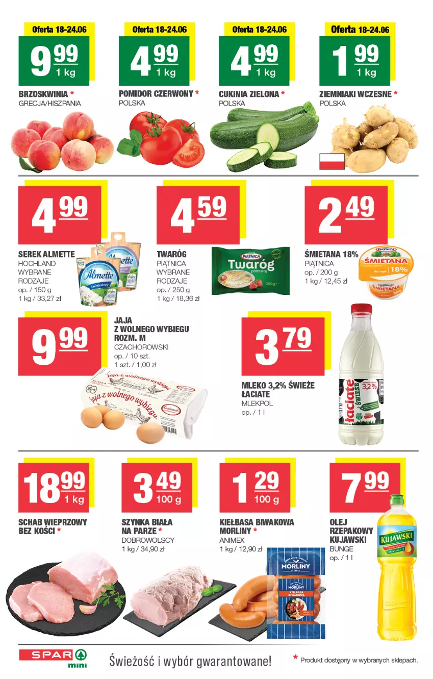 Gazetka promocyjna Spar - Spar-Mini - ważna 15.06 do 25.06.2025 - strona 2 - produkty: Almette, Hochland, Jaja, Jaja z wolnego wybiegu, Kiełbasa, Kujawski, Mleko, Morliny, Olej, Piątnica, Schab wieprzowy, Ser, Serek, Szynka, Szynka biała, Twaróg, Ziemniaki