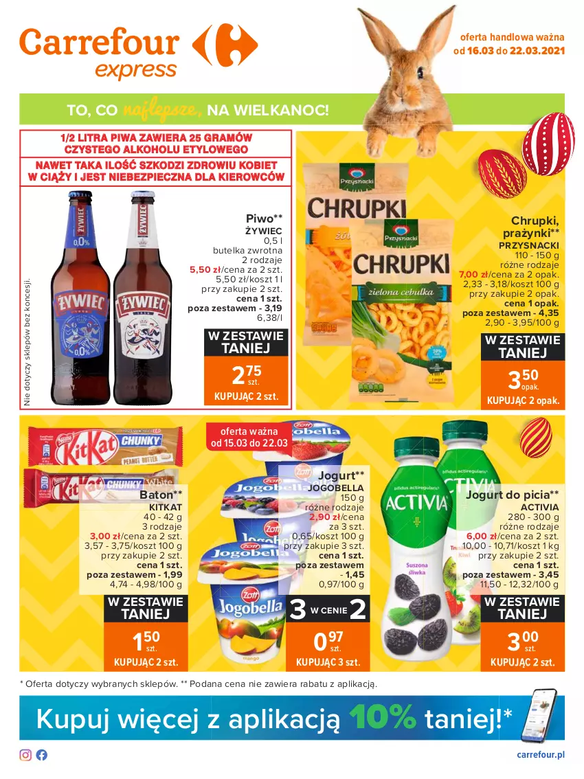 Gazetka promocyjna Carrefour - Gazetka Express - ważna 15.03 do 22.03.2021 - strona 1 - produkty: Activia, Baton, Bell, Bella, Chrupki, Gra, Jogobella, Jogurt, Kosz, Piec, Piwa, Piwo, Przysnacki