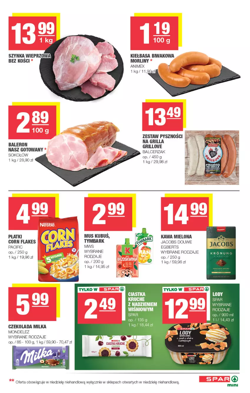 Gazetka promocyjna Spar - Spar-Mini - ważna 10.08 do 20.08.2025 - strona 3 - produkty: Ciastka, Cif, Corn flakes, Czekolada, Grill, Jacobs, Kawa, Kawa mielona, Kiełbasa, Kubuś, Milka, Morliny, Mus, Sok, Sokołów, Szynka, Szynka wieprzowa, Tymbark