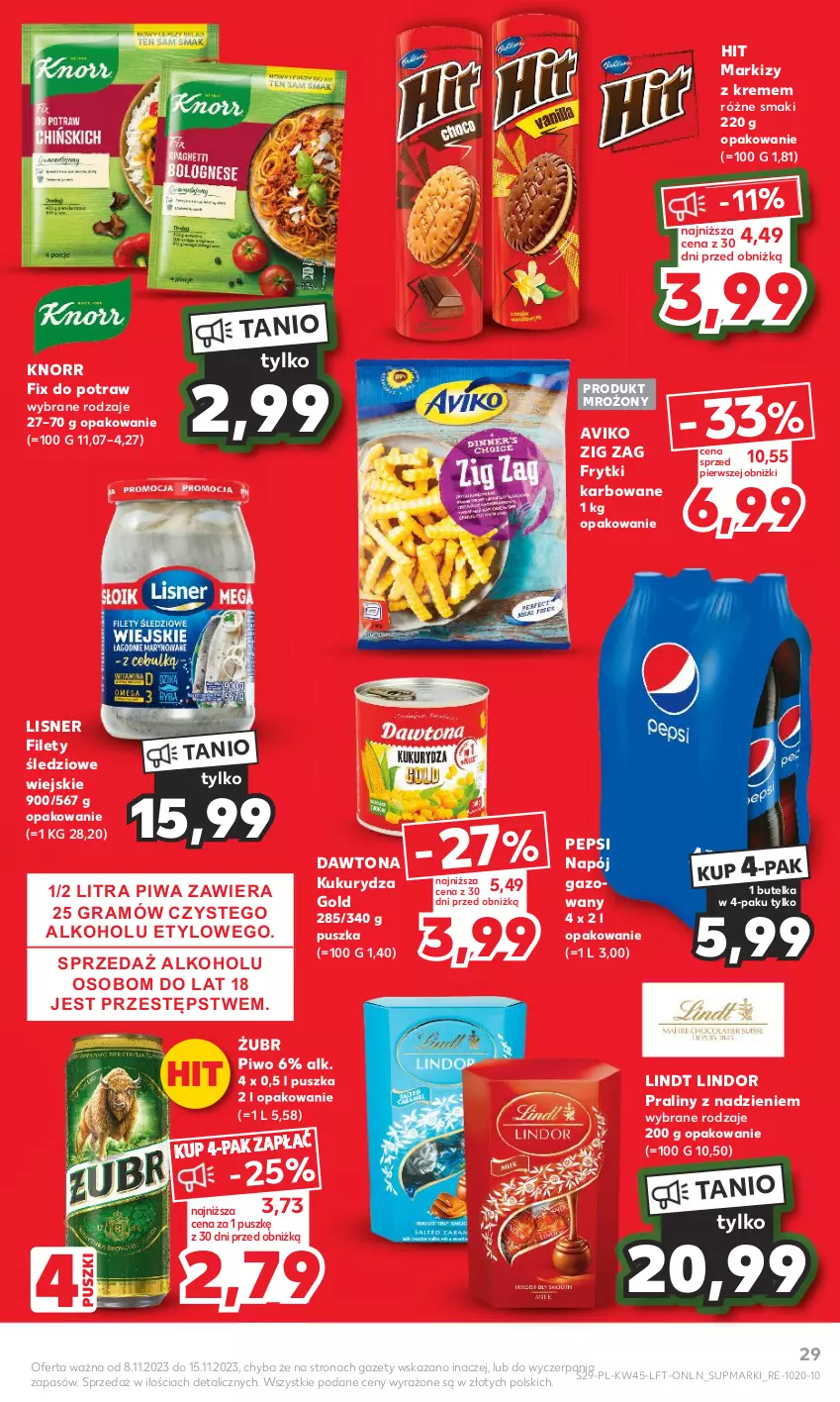 Gazetka promocyjna Kaufland - Gazetka tygodnia - ważna 08.11 do 15.11.2023 - strona 29 - produkty: Dawtona, Frytki, Gra, Knorr, Kukurydza, Lindor, Lindt, Lisner, Napój, Napój gazowany, Pepsi, Piwa, Piwo, Praliny