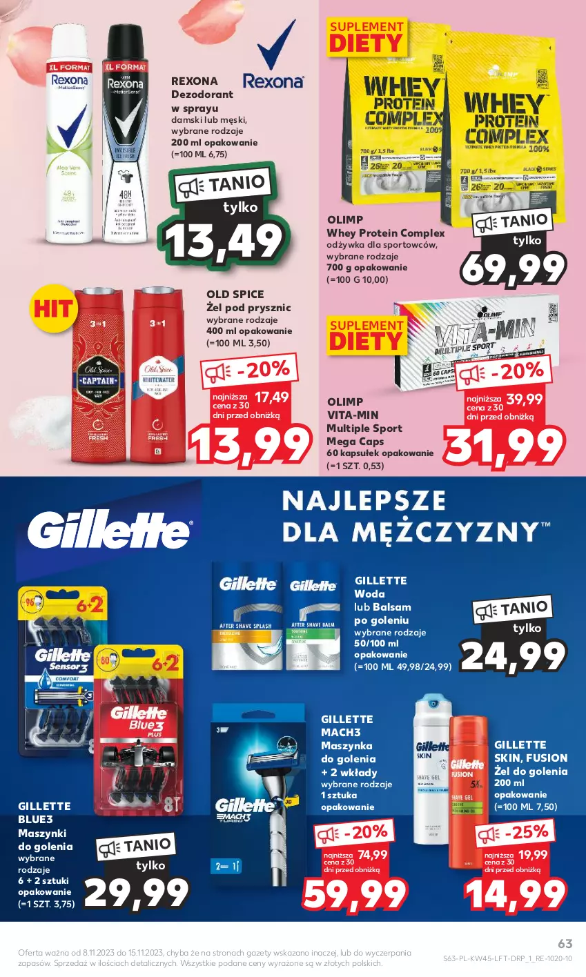 Gazetka promocyjna Kaufland - Gazetka tygodnia - ważna 08.11 do 15.11.2023 - strona 63 - produkty: Balsam po goleniu, Dezodorant, Fusion, Gillette, Mach3, Maszynka, Maszynka do golenia, Odżywka, Old Spice, Por, Rexona, Sport, Suplement diety, Szynka, Vita-Min, Woda