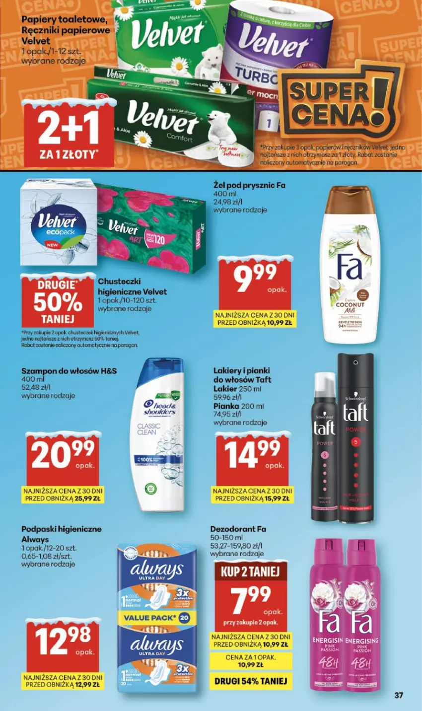 Gazetka promocyjna Delikatesy Centrum - Franczyza DC03 Czwartek - ważna 15.01 do 21.01.2026 - strona 37 - produkty: Always, Chusteczki, Dezodorant, Fa, Lakier, Podpaski, Szampon, Taft, Velvet