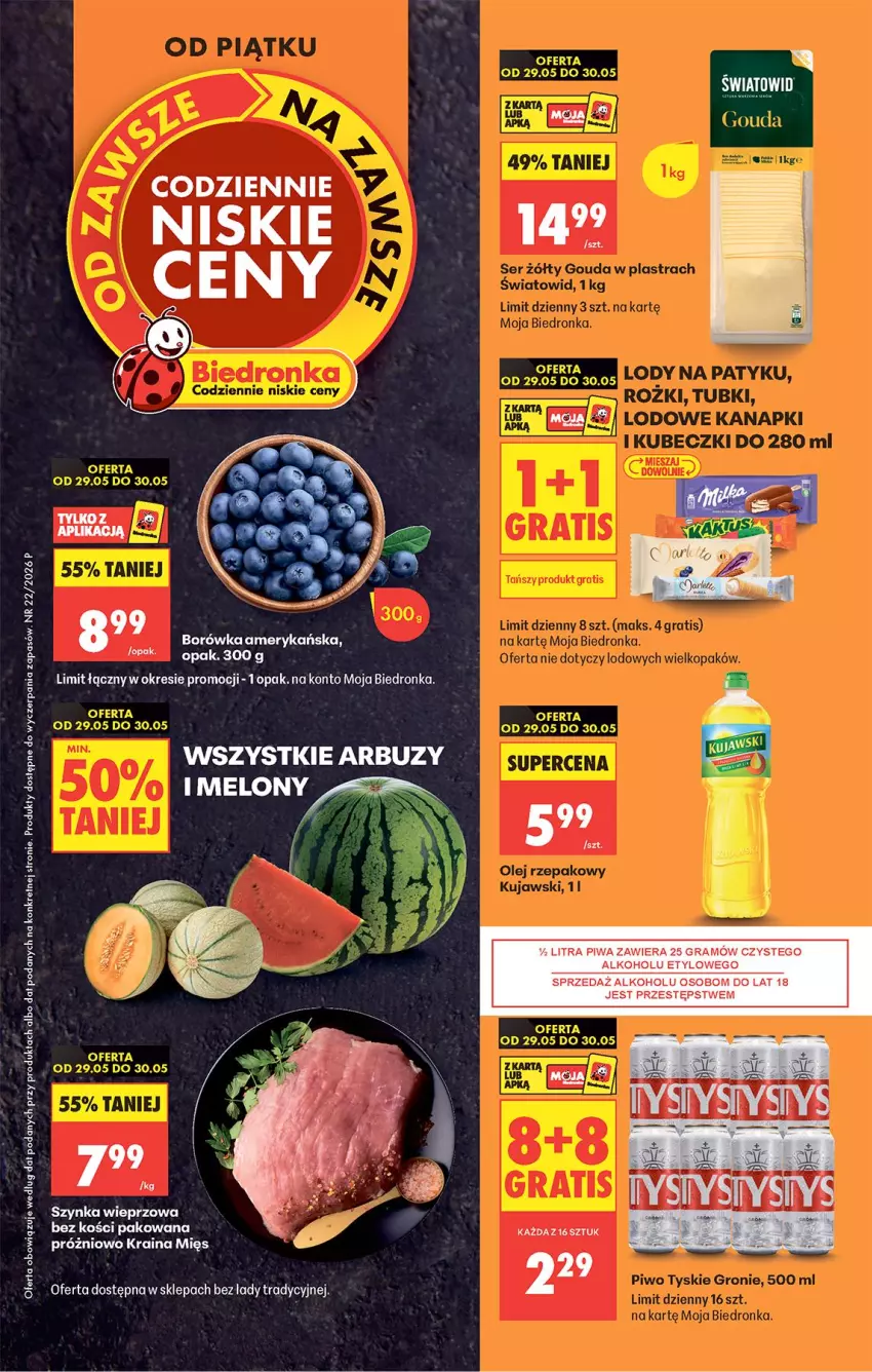 Gazetka promocyjna Biedronka - Od Piątku - ważna 29.05 do 30.05.2026 - strona 1 - produkty: Arbuz, Borówka, Borówka amerykańska, Fa, Feta, Gra, Kret, Ocet, Piwa, Szynka, Szynka wieprzowa