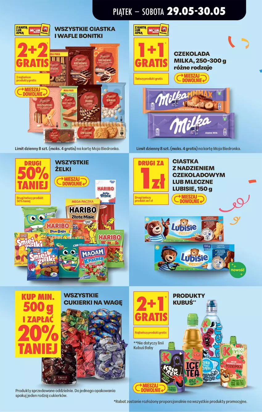 Gazetka promocyjna Biedronka - Od Piątku - ważna 29.05 do 30.05.2026 - strona 18 - produkty: Bonitki, Ciastka, Cukier, Czekolada, Fa, Gra, Haribo, Kubuś, Lubisie, Milka, Por, Wafle