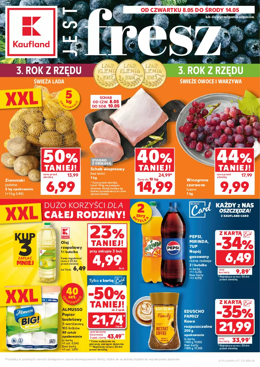 Gazetka promocyjna Kaufland - Gazetka tygodnia - ważna 08.05 do 14.05.2025 - strona 1 - produkty: 7up, Fa, Kawa, Kawa rozpuszczalna, Mirinda, Mus, Napój, Napój gazowany, Olej, Olej rzepakowy, Owoce, Papier, Papier toaletowy, Pepsi, Schab wieprzowy, Warzywa, Wino, Winogrona, Ziemniaki