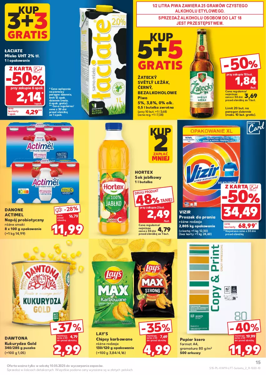 Gazetka promocyjna Kaufland - Gazetka tygodnia - ważna 08.05 do 14.05.2025 - strona 15 - produkty: Actimel, Chipsy, Danone, Dawtona, Gra, Hortex, Kukurydza, Lay’s, Mleko, Napój, Papier, Piwa, Piwo, Proszek do prania, Rama, Ser, Sok, Sok jabłkowy, Vizir