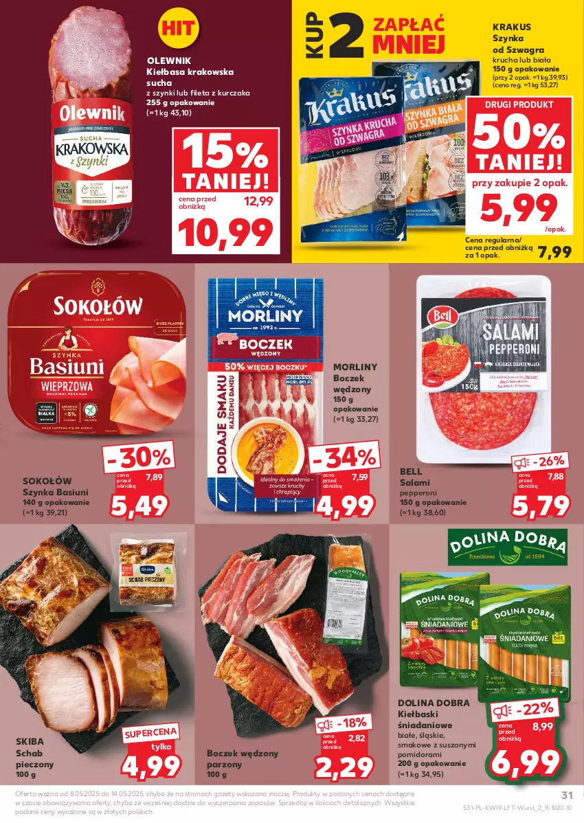 Gazetka promocyjna Kaufland - Gazetka tygodnia - ważna 08.05 do 14.05.2025 - strona 31 - produkty: Bell, Boczek, Danio, Gra, Kiełbasa, Kiełbasa krakowska, Krakus, Kurczak, Morliny, Olewnik, Piec, Salami, Schab pieczony, Sok, Sokołów, Szynka