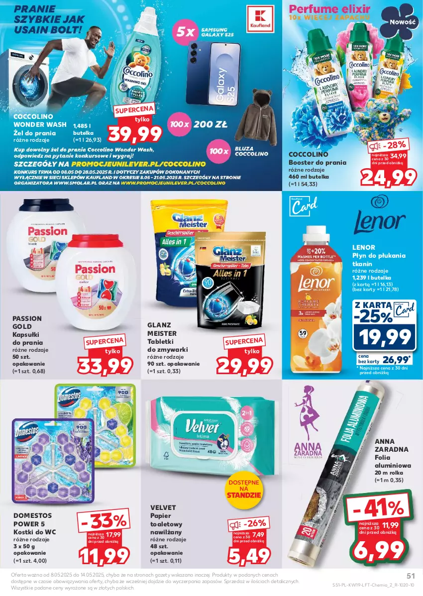 Gazetka promocyjna Kaufland - Gazetka tygodnia - ważna 08.05 do 14.05.2025 - strona 51 - produkty: Booster, Coccolino, Domestos, Folia aluminiowa, Kapsułki do prania, Lenor, Papier, Papier toaletowy, Płyn do płukania, Tablet, Tabletki do zmywarki, Velvet, Zmywarki