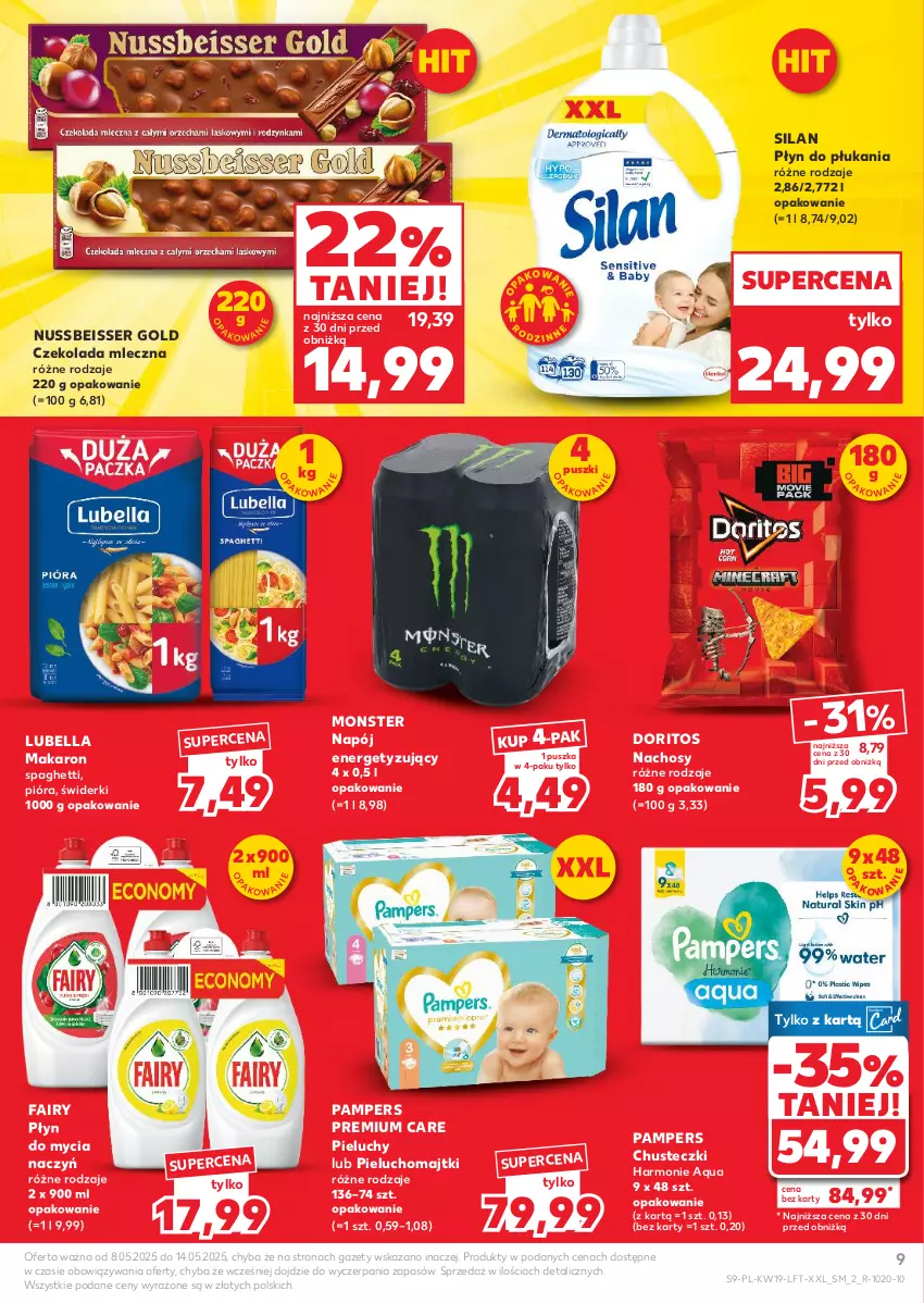 Gazetka promocyjna Kaufland - Gazetka tygodnia - ważna 08.05 do 14.05.2025 - strona 9 - produkty: Bell, Bella, Chusteczki, Czekolada, Czekolada mleczna, Do mycia naczyń, Fa, Fairy, Lubella, Majtki, Makaron, Napój, Pampers, Pieluchomajtki, Pieluchy, Płyn do mycia, Płyn do mycia naczyń, Płyn do płukania, Ser, Silan, Spaghetti