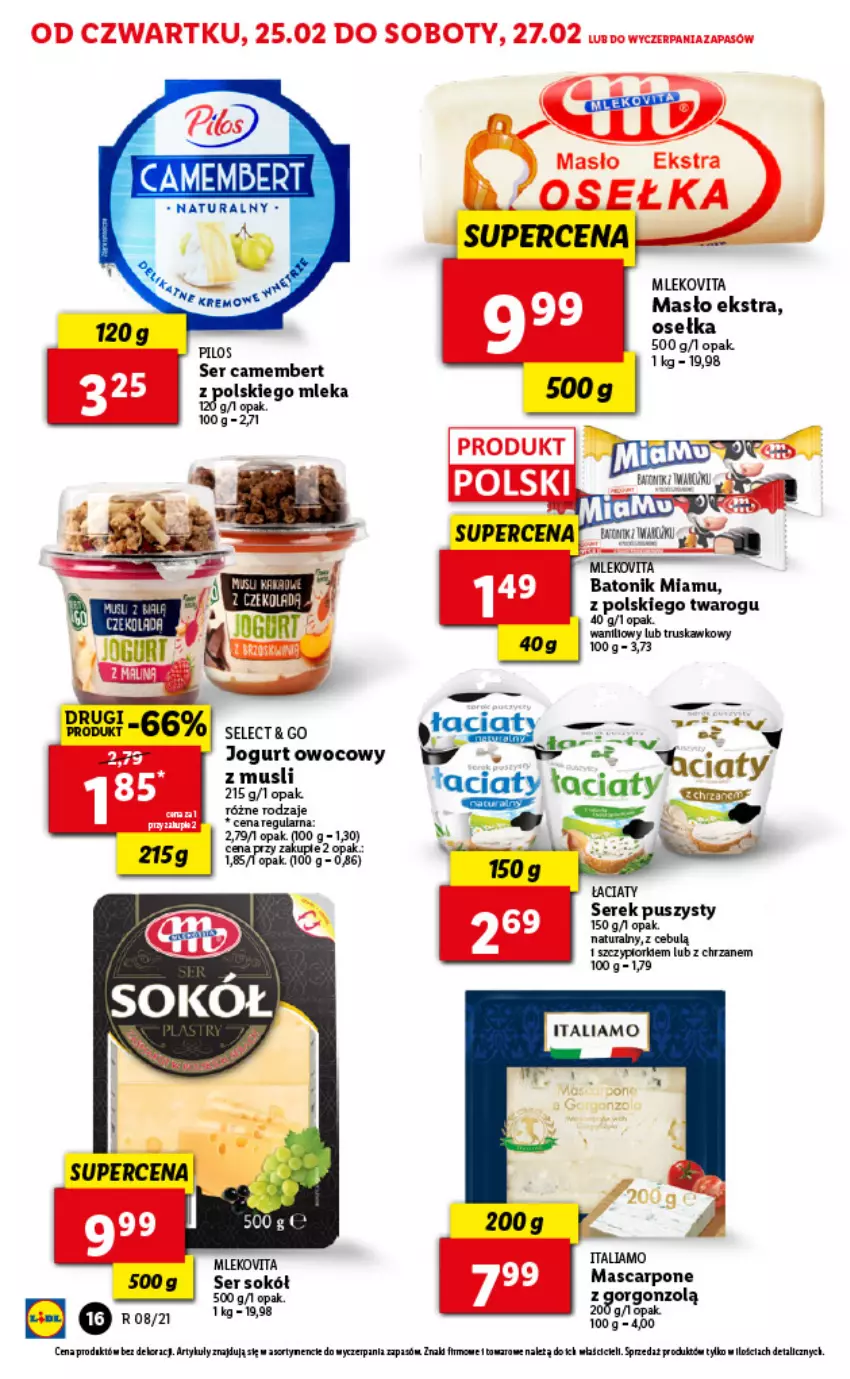 Gazetka promocyjna Lidl - GAZETKA - ważna 25.02 do 27.02.2021 - strona 16 - produkty: Baton, Camembert, Chrzan, Jogurt, Jogurt owocowy, Mascarpone, Masło, Mleko, Mlekovita, Mus, Ser, Serek, Sok, Sokół, Tonik