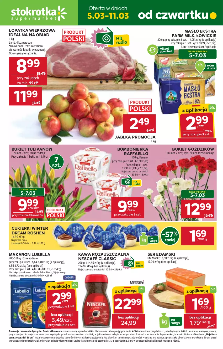 Gazetka promocyjna Stokrotka - Supermarket - ważna 05.03 do 11.03.2026 - strona 1 - produkty: Bell, Bella, Bukiet, Cukier, Cukierki, Edam, Fa, Farm Milk, Ferrero, Jabłka, Kawa, Kawa rozpuszczalna, Lubella, Makaron, Masło, Mięso, Nescafé, Optima, Owoce, Raffaello, Ser, Tulipan, Warzywa