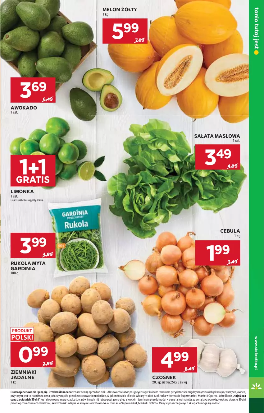 Gazetka promocyjna Stokrotka - Supermarket - ważna 05.03 do 11.03.2026 - strona 15 - produkty: Cebula, Czosnek, Gra, Limonka, Masło, Melon, Mięso, Optima, Owoce, Rukola, Sałat, Sałata masłowa, Siatka, Warzywa, Ziemniaki