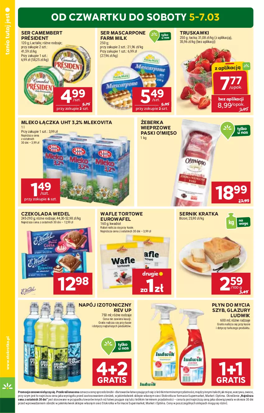 Gazetka promocyjna Stokrotka - Supermarket - ważna 05.03 do 11.03.2026 - strona 2 - produkty: Camembert, Czekolada, Fa, Farm Milk, Gra, Lazur, Ludwik, Mascarpone, Mięso, Mleko, Mlekovita, Napój, Napój izotoniczny, Optima, Owoce, Płyn do mycia, Président, Ser, Truskawki, Wafle, Wafle tortowe, Warzywa