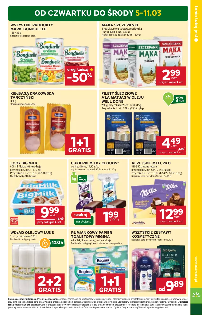 Gazetka promocyjna Stokrotka - Supermarket - ważna 05.03 do 11.03.2026 - strona 3 - produkty: Algida, Big Milk, Bonduelle, Cukier, Cukierki, Gin, Gra, Kiełbasa, Kiełbasa krakowska, LG, Lody, Mąka, Matjas, Mięso, Mleczko, Olej, Optima, Owoce, Papier, Papier toaletowy, Rum, Tarczyński, Warzywa, Wkład olejowy