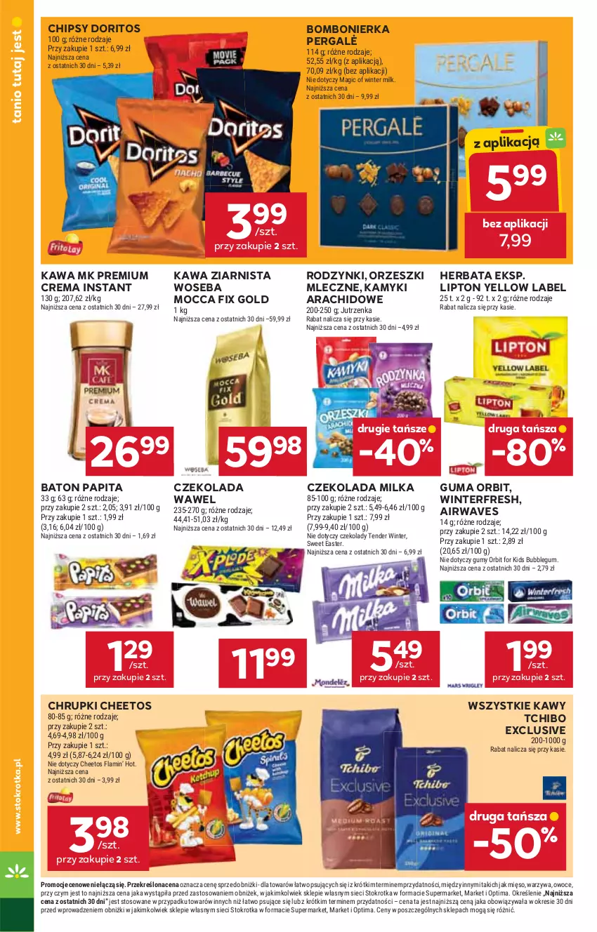 Gazetka promocyjna Stokrotka - Supermarket - ważna 05.03 do 11.03.2026 - strona 36 - produkty: Baton, Cheetos, Chipsy, Chrupki, Czekolada, Herbata, Jutrzenka, Kamyki arachidowe, Kawa, Kawa ziarnista, Lipton, Mięso, Milka, Mocca Fix Gold, Optima, Orbit, Orzeszki, Owoce, Rodzynki, Tchibo, Warzywa, Wawel, Woseba