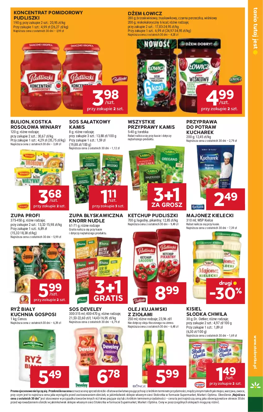 Gazetka promocyjna Stokrotka - Supermarket - ważna 05.03 do 11.03.2026 - strona 37 - produkty: Bulion, Cenos, Dr. Oetker, Dżem, Gra, Kamis, Ketchup, Kisiel, Knorr, Koncentrat pomidorowy, Kucharek, Kuchnia, Kujawski, Lion, Majonez, Mięso, Olej, Optima, Owoce, Por, Przyprawa do potraw, Przyprawy, Pudliszki, Ryż, Ryż biały, Sałat, Słodka Chwila, Sos, Torebka, Warzywa, Winiary, Zupa