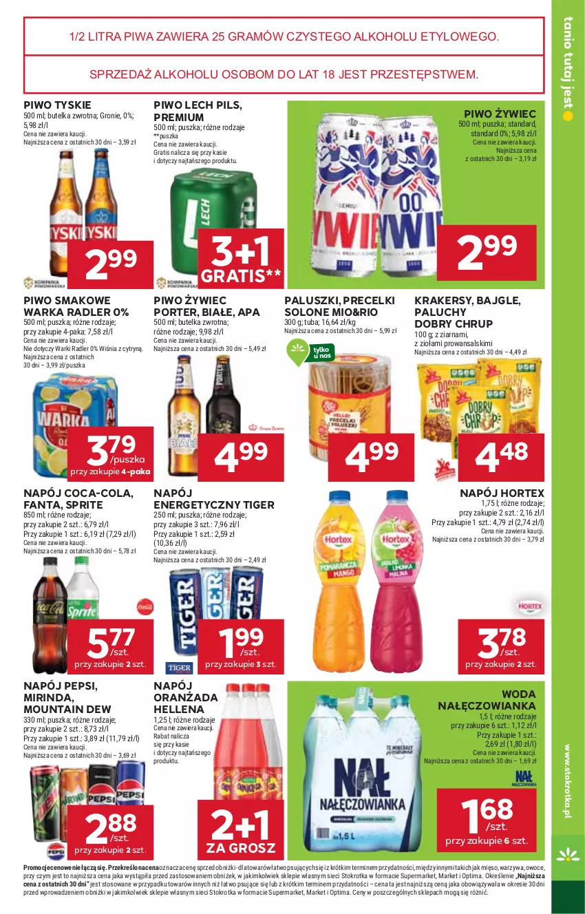 Gazetka promocyjna Stokrotka - Supermarket - ważna 05.03 do 11.03.2026 - strona 41 - produkty: Bajgle, Coca-Cola, Fa, Fanta, Gra, Hellena, Hortex, Krakersy, Mięso, Mirinda, Nałęczowianka, Napój, Napój energetyczny, Optima, Oranżada, Owoce, Pepsi, Piwa, Piwo, Por, Precelki, Radler, Sprite, Tiger, Tyskie, Warka, Warzywa, Woda