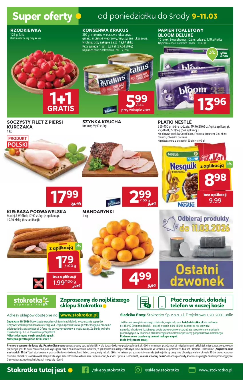 Gazetka promocyjna Stokrotka - Supermarket - ważna 05.03 do 11.03.2026 - strona 57 - produkty: Cheerios, Cini Minis, Corn flakes, Dres, Filet z piersi kurczaka, Gra, JBL, Jogurt, Kiełbasa, Kiełbasa podwawelska, Krakus, Kurczak, Mandarynki, Mięso, Nestlé, O nas, Optima, Owoce, Papier, Papier toaletowy, Rzodkiewka, Ser, Szynka, Telefon, Wagi, Warzywa, Wawel
