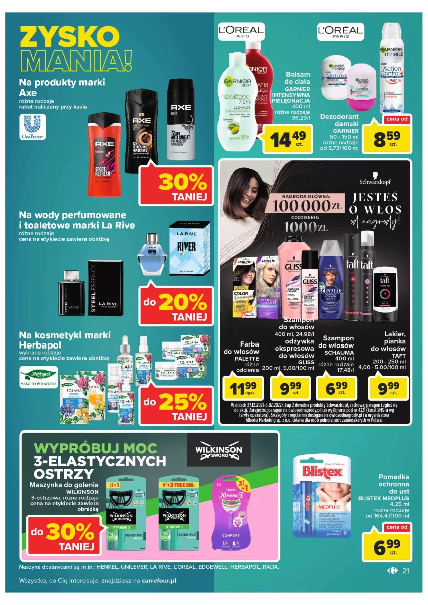 Gazetka promocyjna Carrefour - Gazetka Carrefour Targ świeżości - ważna 18.01 do 24.01.2022 - strona 21 - produkty: Garnier, Kosz, Lakier, LANA, Maszynka, Maszynka do golenia, Odżywka, Pianka do włosów, Schwarzkopf, Szynka