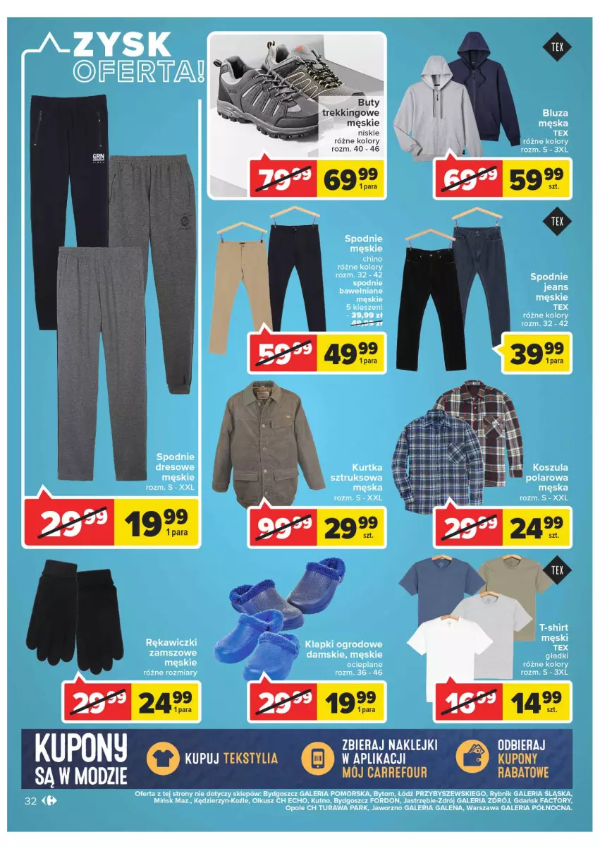 Gazetka promocyjna Carrefour - Gazetka Carrefour Targ świeżości - ważna 18.01 do 24.01.2022 - strona 32 - produkty: Bluza, Buty, Dres, Fa, Klapki, Kosz, Koszula, Spodnie, Spodnie dresowe