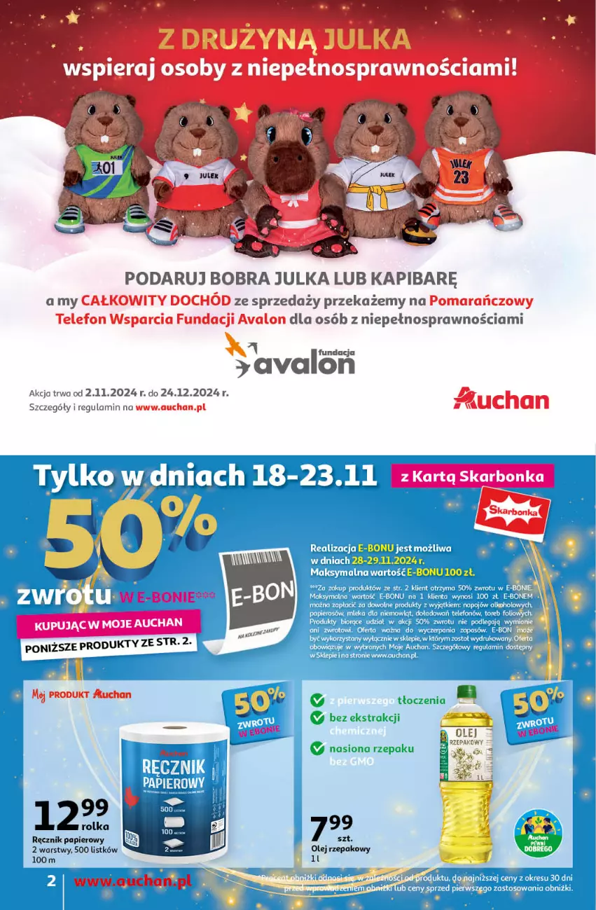 Gazetka promocyjna Auchan - Pewność Niskich Cen Moje - ważna 21.11 do 27.11.2024 - strona 2 - produkty: Olej, Olej rzepakowy, Papier, Ręcznik, Telefon