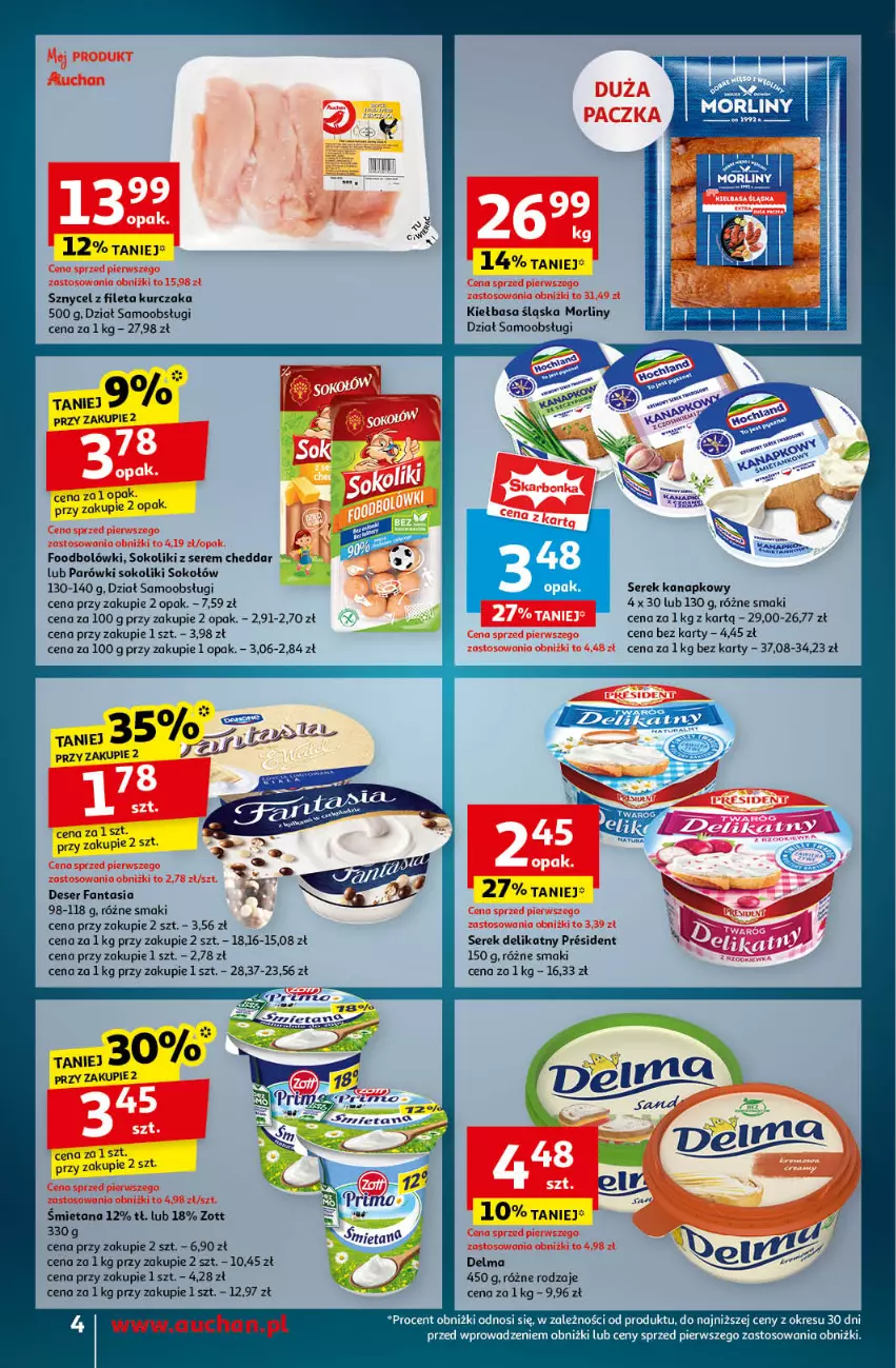 Gazetka promocyjna Auchan - Pewność Niskich Cen Moje - ważna 21.11 do 27.11.2024 - strona 6 - produkty: Cheddar, Delma, Deser, Fa, Fanta, Kiełbasa, Kiełbasa śląska, Kurczak, Morliny, Parówki, Parówki sokoliki, Ser, Serek, Serek kanapkowy, Sok, Sokołów, Zott