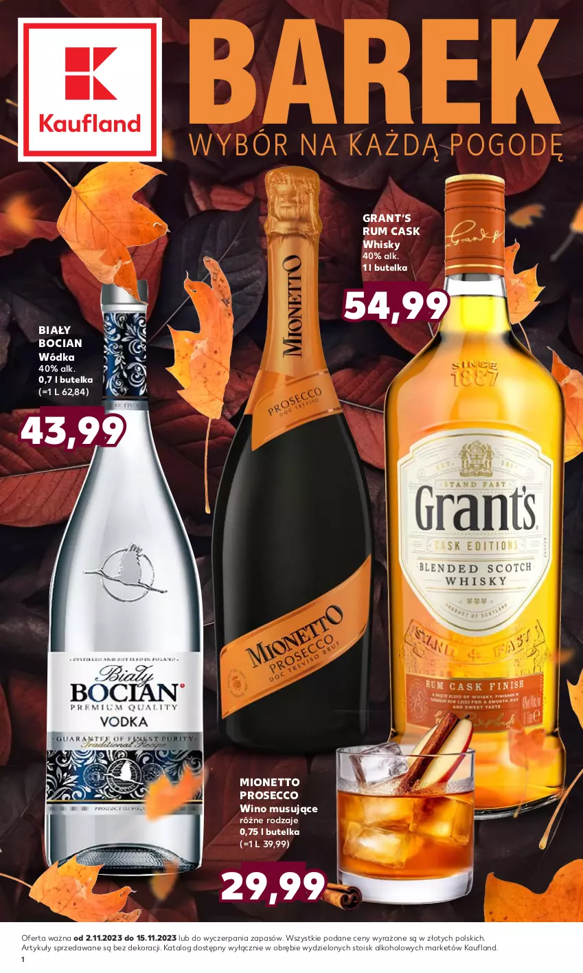 Gazetka promocyjna Kaufland - Barek Kauflandu - ważna 02.11 do 15.11.2023 - strona 1 - produkty: Biały Bocian, Gra, Mionetto, Mus, Prosecco, Rum, Whisky, Wino, Wino musujące, Wódka