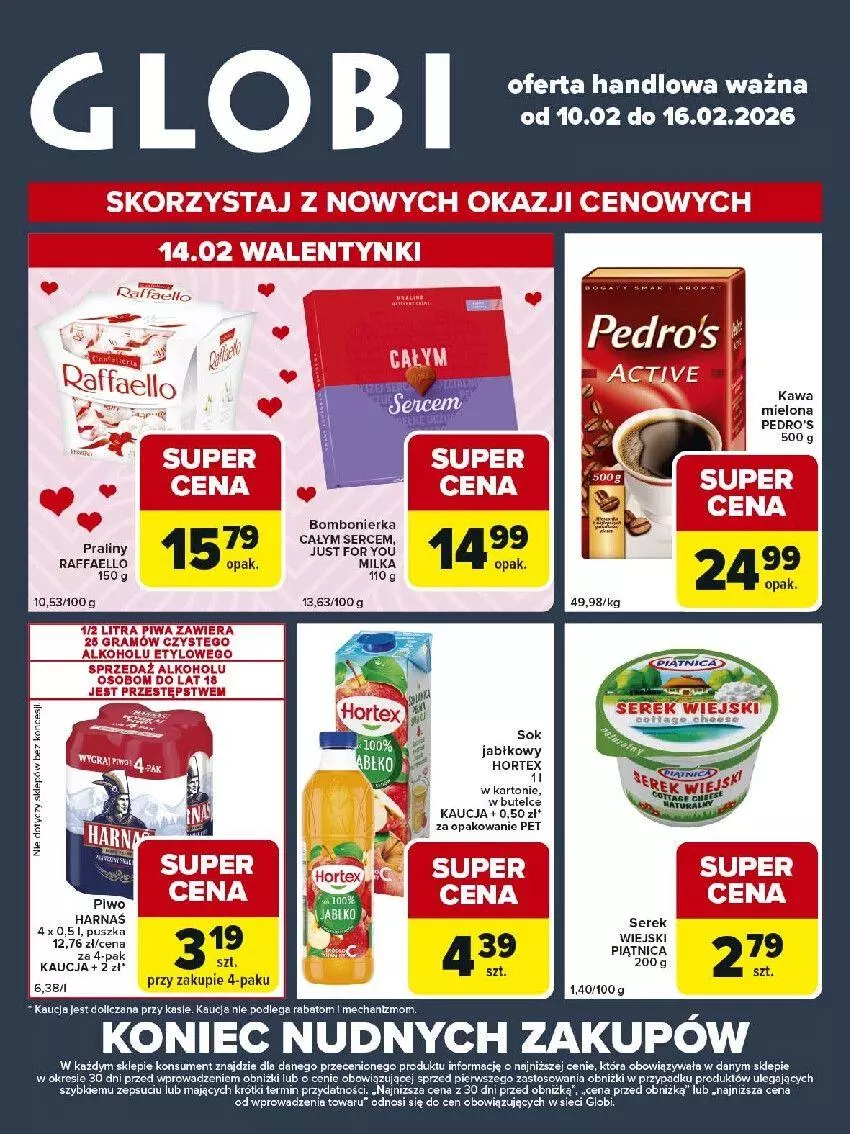 Gazetka promocyjna Carrefour - Gazetka Globi - ważna 10.02 do 16.02.2026 - strona 1 - produkty: Fa, Gra, Harnaś, Hortex, Kawa, Kawa mielona, Milka, Piątnica, Piwa, Piwo, Raffaello, Ser, Serek, Sok, Sok jabłkowy