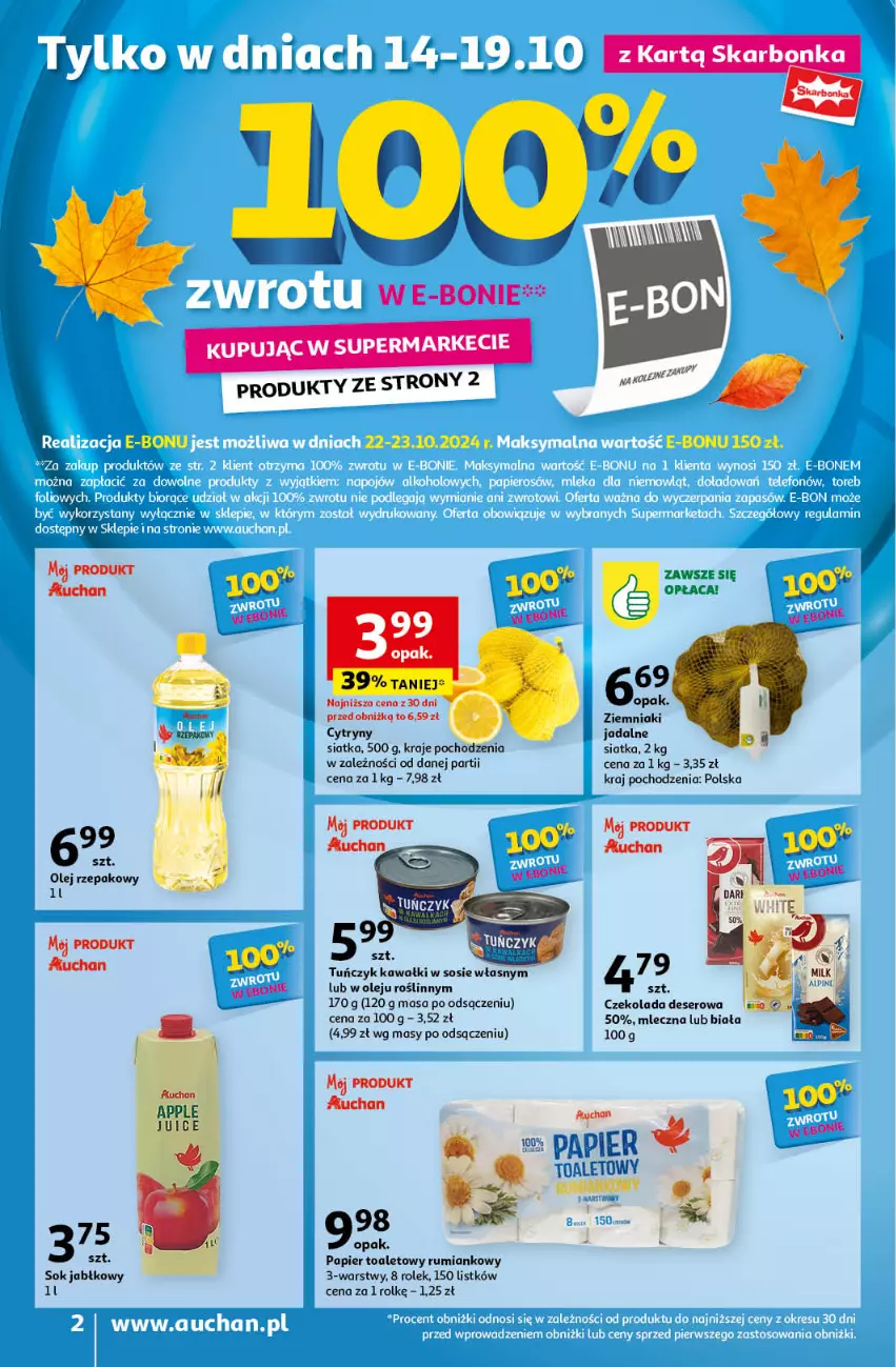 Gazetka promocyjna Auchan - Pewność Niskich Cen Moje - ważna 10.10 do 16.10.2024 - strona 2 - produkty: Cytryny, Czekolada, Deser, Kawa, Olej, Olej rzepakowy, Papier, Papier toaletowy, Rum, Ser, Siatka, Sok, Sok jabłkowy, Sos, Tuńczyk, Ziemniaki