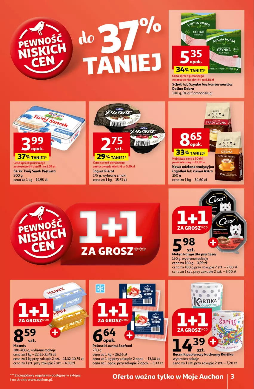 Gazetka promocyjna Auchan - Pewność Niskich Cen Moje - ważna 10.10 do 16.10.2024 - strona 3 - produkty: Jogurt, Kawa, Kawa mielona, Mokra karma, Ręcznik, Ser, Serek, Surimi, Szynka, Twój Smak