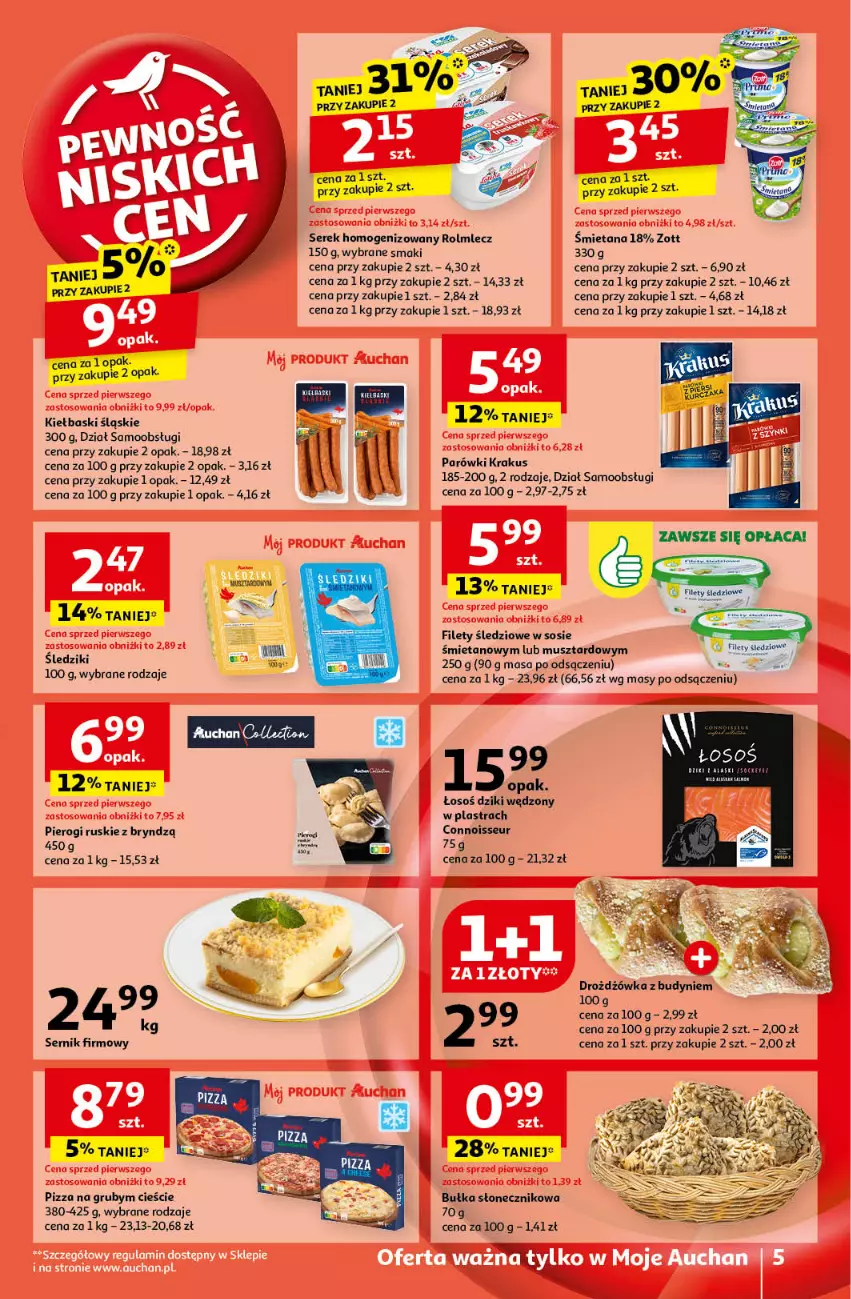 Gazetka promocyjna Auchan - Pewność Niskich Cen Moje - ważna 10.10 do 16.10.2024 - strona 5 - produkty: Bułka, Kiełbaski śląskie, Krakus, Mus, Parówki, Pierogi, Pizza, Rolmlecz, Ser, Serek, Serek homogenizowany, Sos, Zott