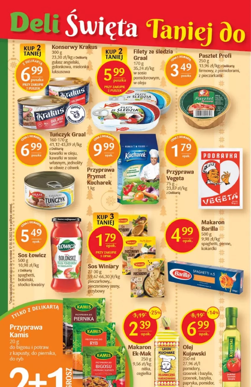 Gazetka promocyjna Delikatesy Centrum - Gazetka DC49 - ważna 15.12 do 26.12.2022 - strona 26 - produkty: Barilla, Bazyl, Bazylia, Czosnek, Fa, Gra, Graal, Kamis, Kawa, Krakus, Kucharek, Kujawski, Makaron, Olej, Papryka, Pasztet, Penne, Piec, Pieczarka, Pomidory, Ser, Sos, Spaghetti, Tuńczyk, Winiary