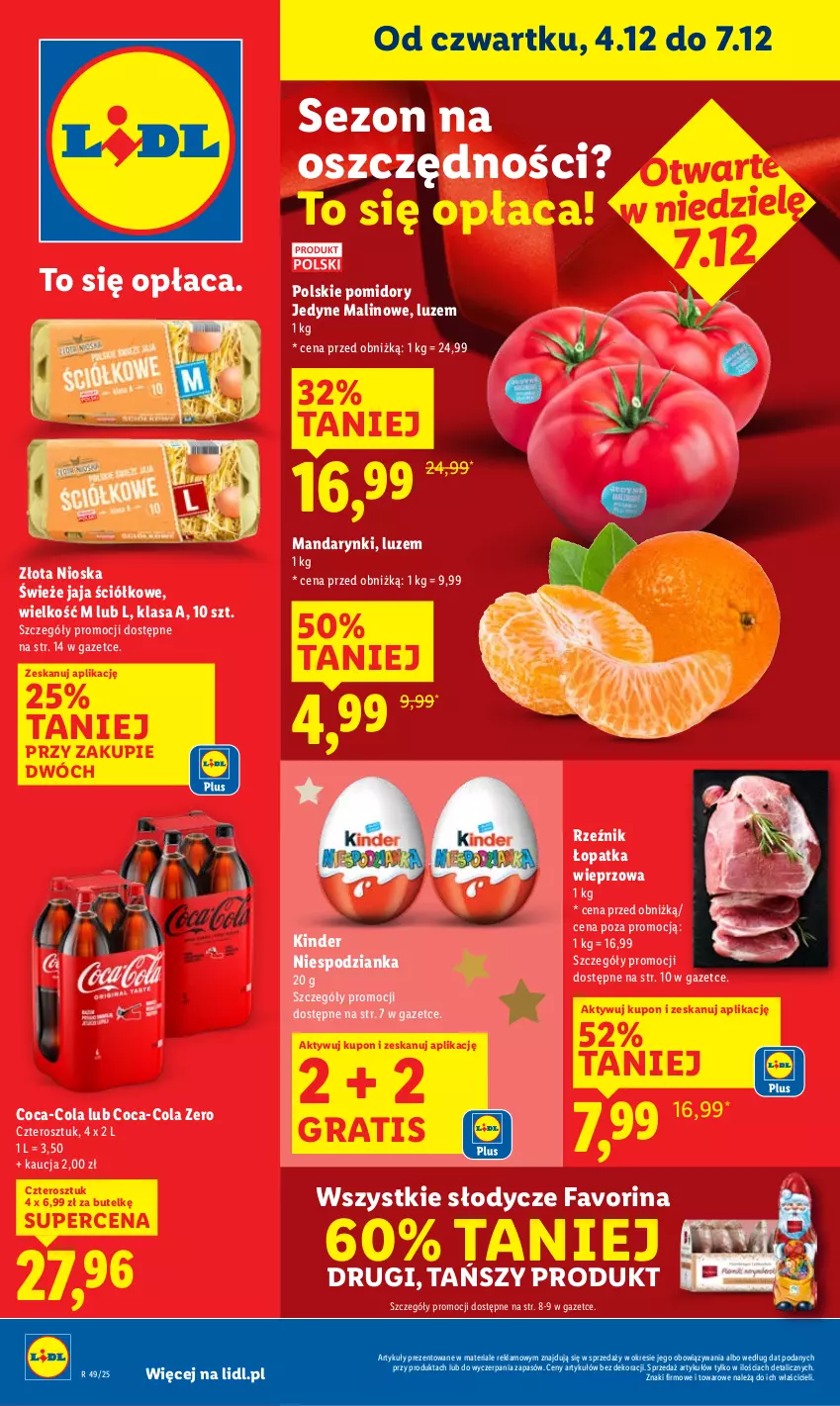 Gazetka promocyjna Lidl - GAZETKA - ważna 04.12 do 07.12.2025 - strona 1 - produkty: Coca-Cola, Fa, Gra, Jaja, Kinder, Mandarynki, Pomidory