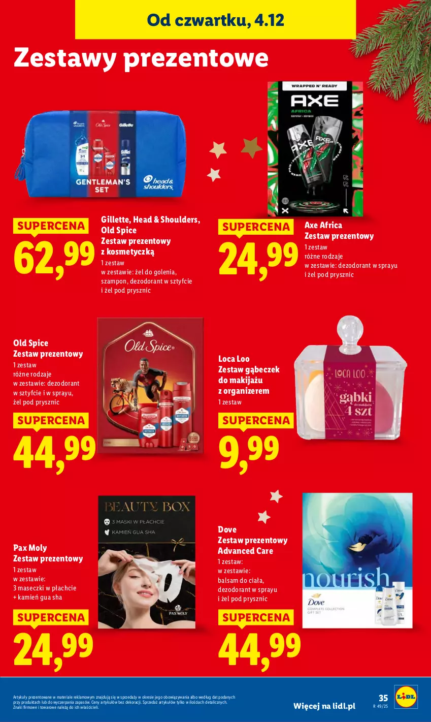 Gazetka promocyjna Lidl - GAZETKA - ważna 04.12 do 07.12.2025 - strona 37 - produkty: Advanced Care, Balsam do ciała, Dezodorant, Dove, Gillette, Makijaż, Old Spice, Organizer, Pax, Szampon, Zestaw prezentowy