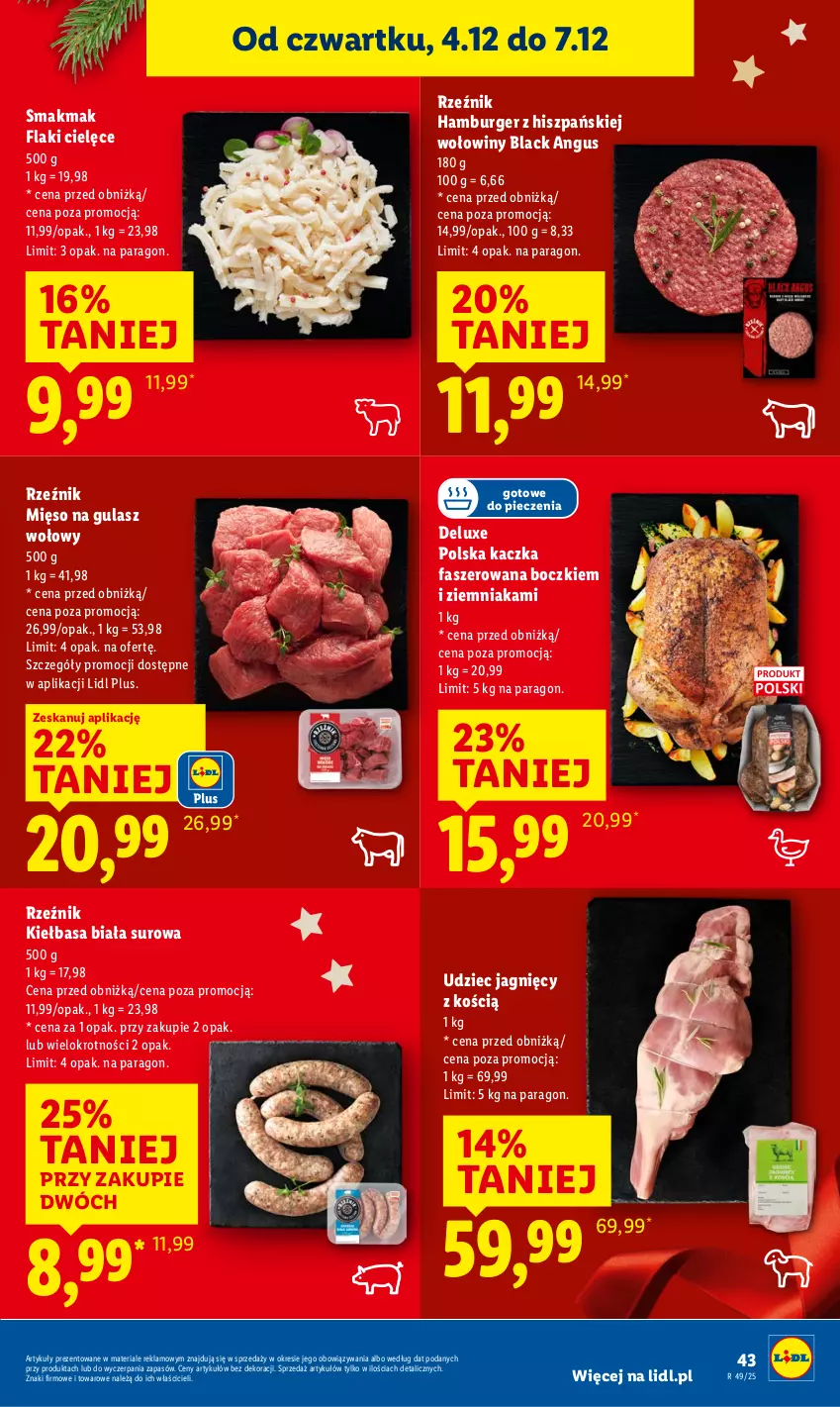 Gazetka promocyjna Lidl - GAZETKA - ważna 04.12 do 07.12.2025 - strona 45 - produkty: Burger, Fa, Flaki, Gulasz wołowy, Hamburger, Kaczka, Kaczka faszerowana, Kiełbasa, Kiełbasa biała, Lack, Mięso, Mięso na gulasz, Piec