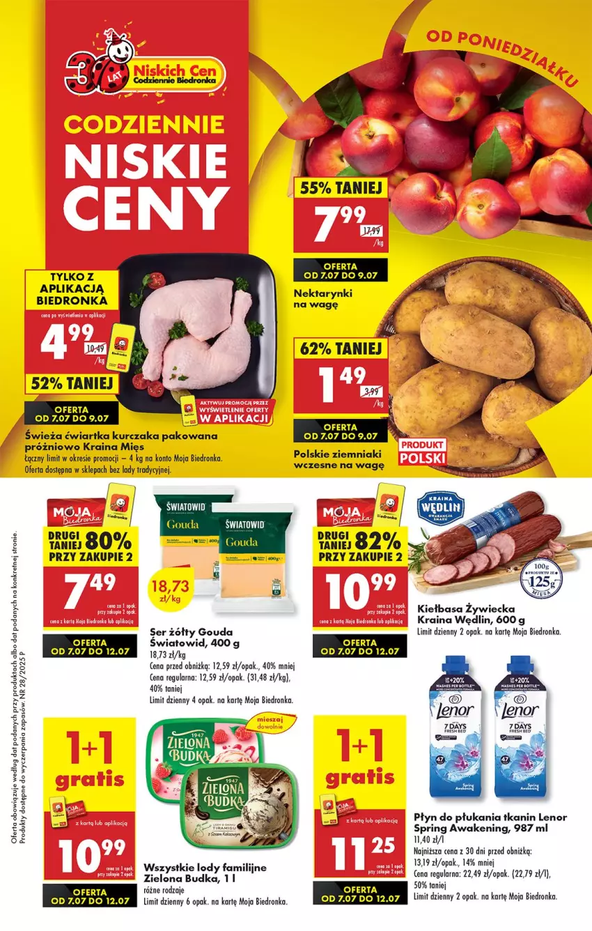 Gazetka promocyjna Biedronka - Od Poniedziałku - ważna 07.07 do 12.07.2025 - strona 1 - produkty: 7 Days, Fa, Gouda, Kiełbasa, Kret, Kurczak, Lenor, Lody, Nektar, Płyn do płukania, Ser, Top, Zielona Budka, Ziemniaki