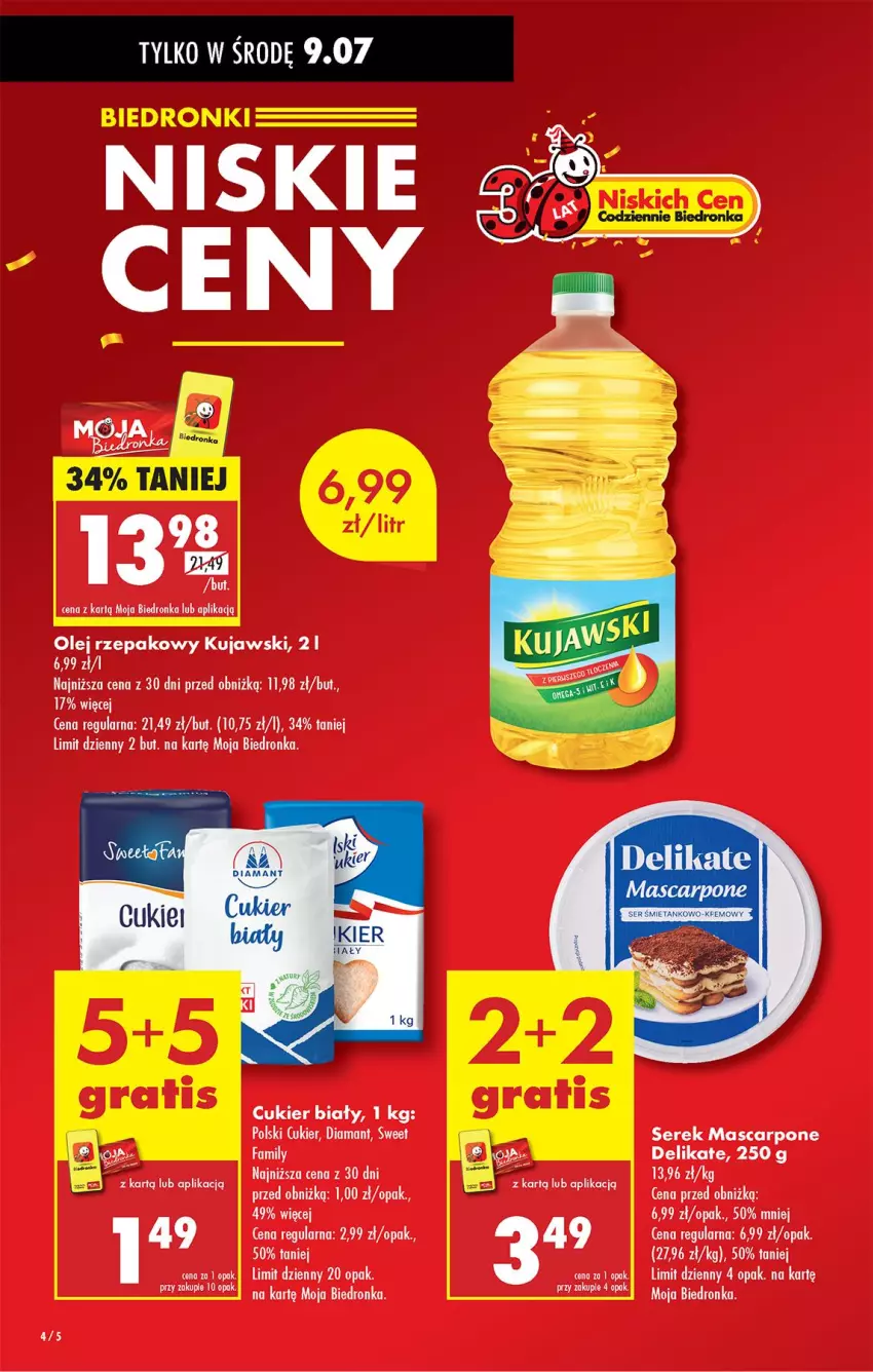 Gazetka promocyjna Biedronka - Od Poniedziałku - ważna 07.07 do 12.07.2025 - strona 4 - produkty: Cukier, Diamant, Fa, Kujawski, Mascarpone, Olej, Olej rzepakowy, Ser, Serek