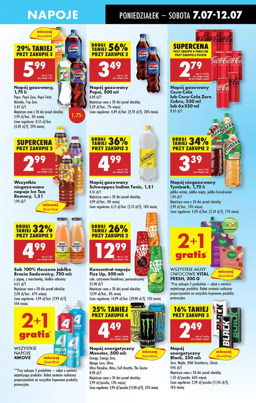 Gazetka promocyjna Biedronka - Od Poniedziałku - ważna 07.07 do 12.07.2025 - strona 59 - produkty: 7up, Coca-Cola, Full Throttle, Lack, Mango, Mięta, Mirinda, Mus, Napój, Napój gazowany, Napój niegazowany, Napoje, Pepsi, Por, Schweppes, Sok, Tymbark