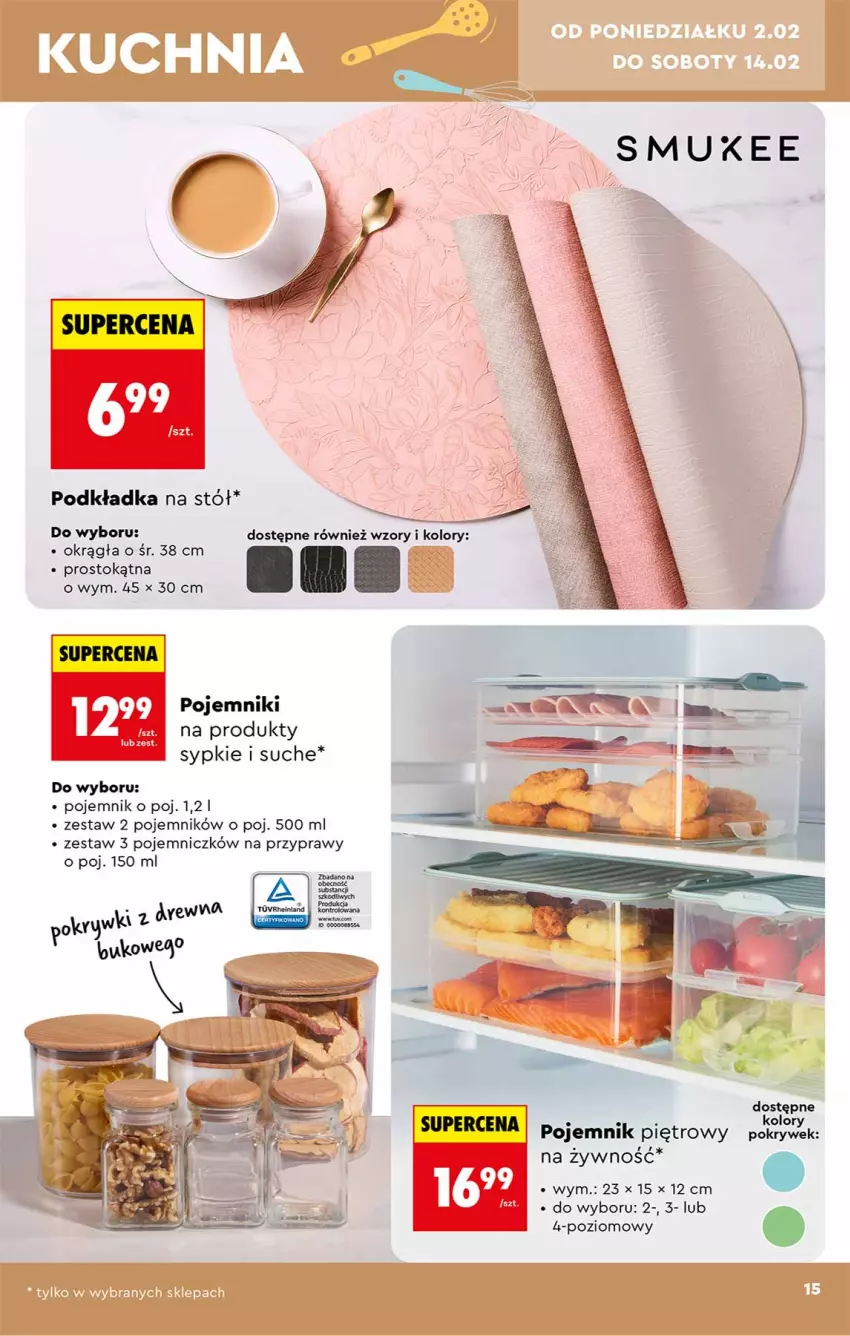 Gazetka promocyjna Biedronka - Okazje Tygodnia - ważna 31.01 do 14.02.2026 - strona 15 - produkty: Podkład, Podkładka, Podkładka na stół, Pojemnik, Przyprawy, Sok, Sos, Stół