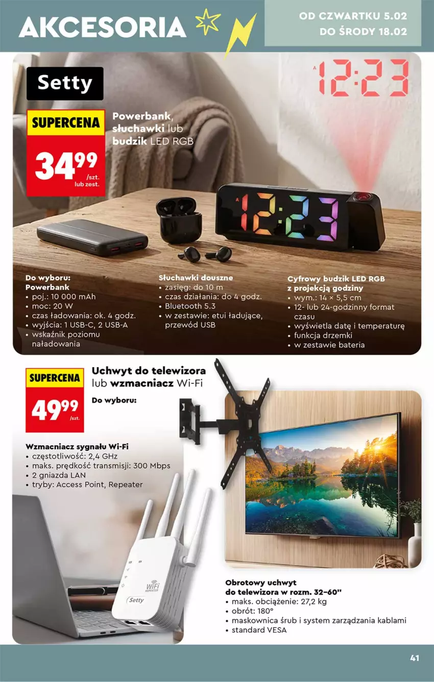 Gazetka promocyjna Biedronka - Okazje Tygodnia - ważna 31.01 do 14.02.2026 - strona 41 - produkty: Bateria, Powerbank, Przewód, Telewizor, Tran, Uchwyt do telewizora